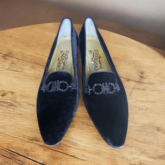 Salvatore Ferragamo Shoes - Salvatore Ferragamo Women's Black Velvet Flats Crystal Buckle Made In Italy Sz 9